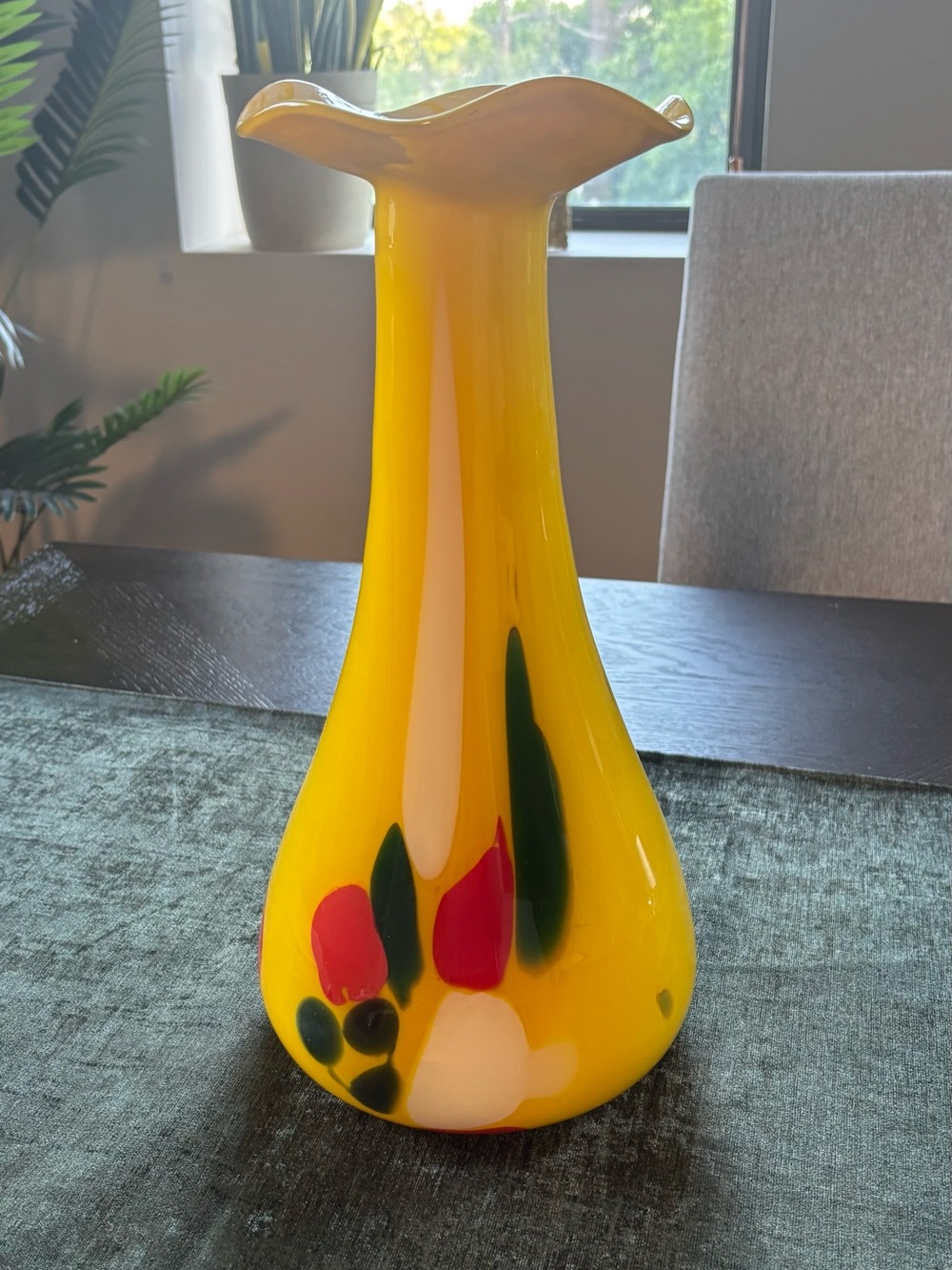 Bright Yellow Art Glass Bud Vase with Floral Accents